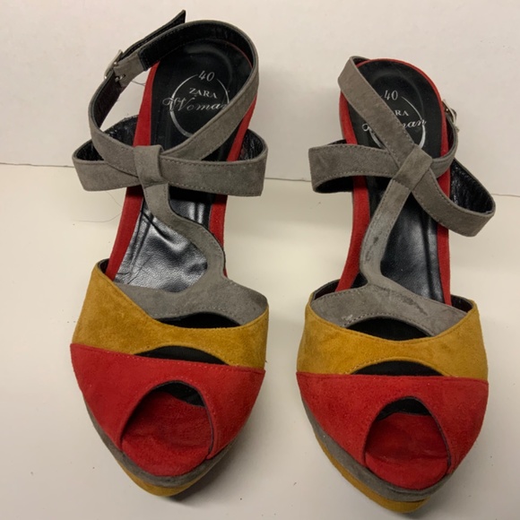 Zara Womens T-strap Peep Toe Multicolor Suede Platform Heel Size 40/ US 7 - Picture 3 of 10